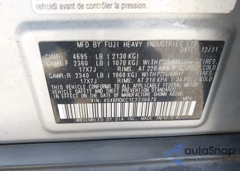 2012 Subaru Outback 3.6R Limited z USA, uszkodzony, nr VIN 4S4BRDKC1C2236870